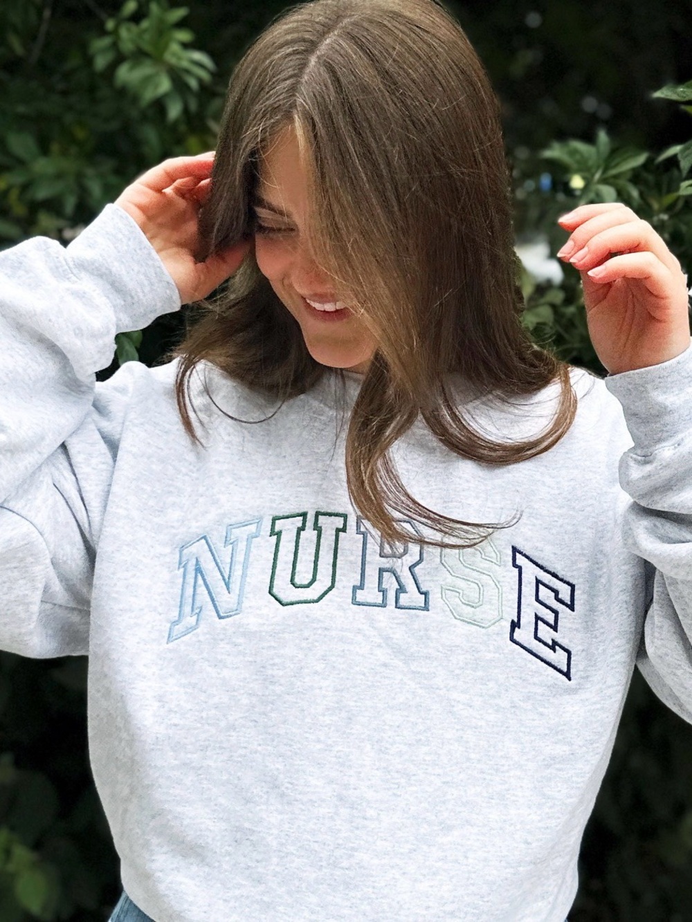 Nurse Blue Green Embroidered Athletic Gemma Crewneck Pullover Sweatshirt (L)